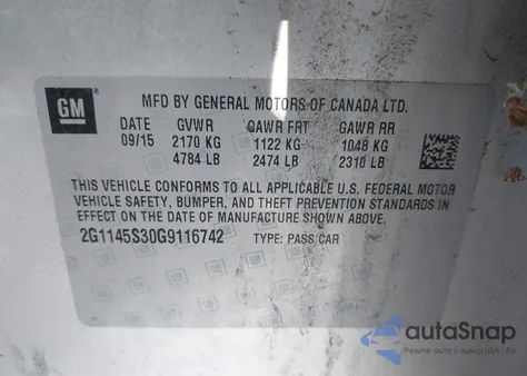 2016 Chevrolet Impala Ltz из США, поврежденный, VIN 2G1145S30G9116742